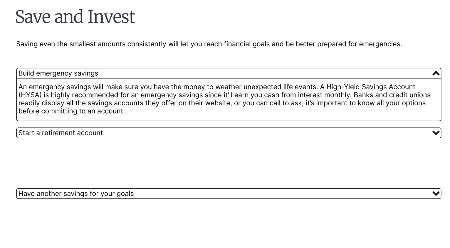 The new Save & Invest page, showing off the dropdown text feature