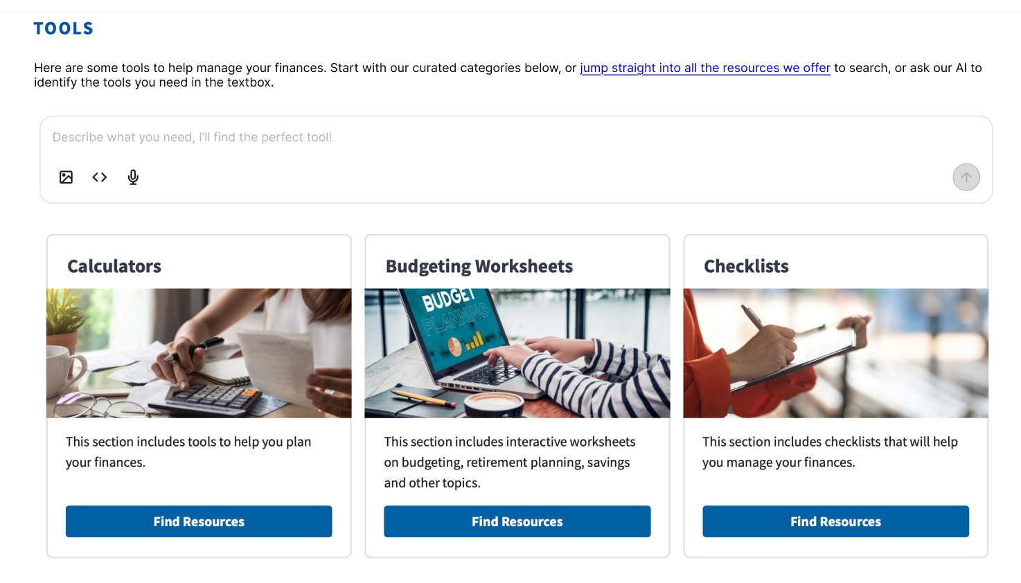 The tools page, showing of the AI search feature's potential implementation