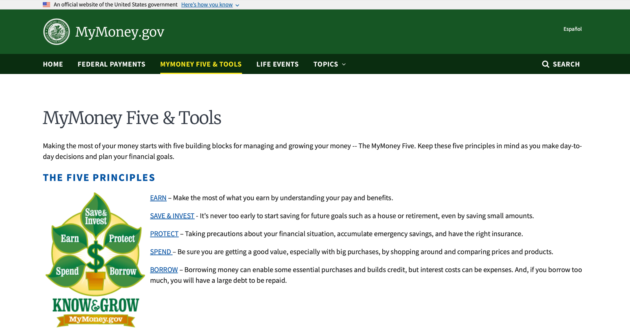 The old primary page of MyMoney Five